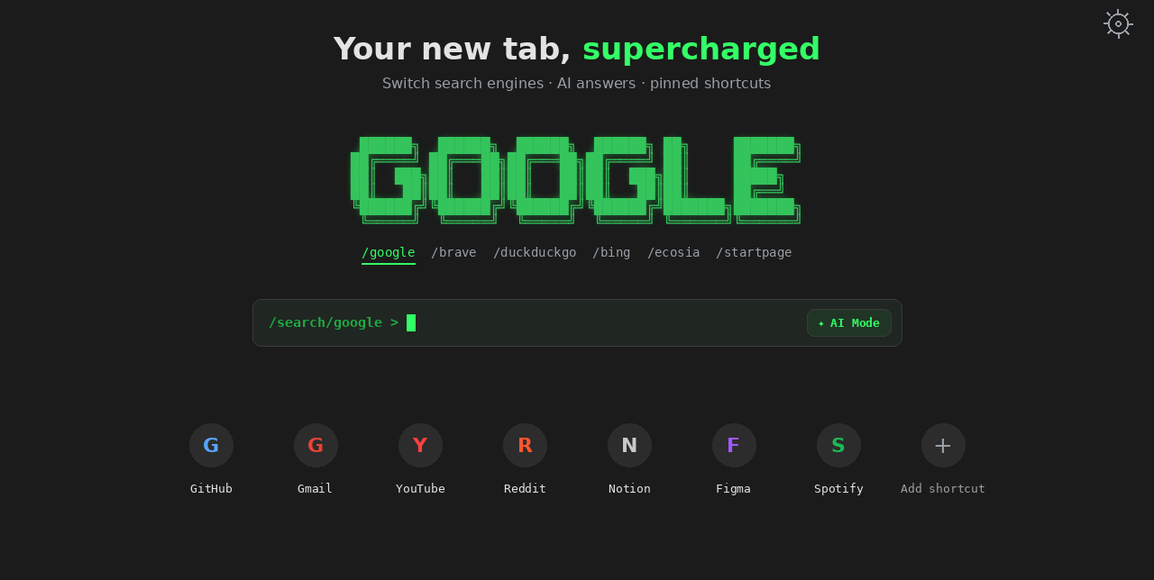 TermTab home with engine tabs, search prompt and pinned shortcuts