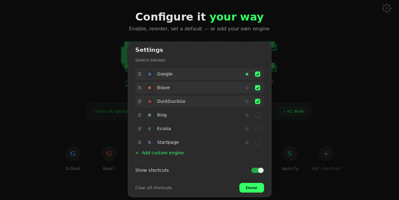 Settings panel: enable, reorder, set default, add custom engine
